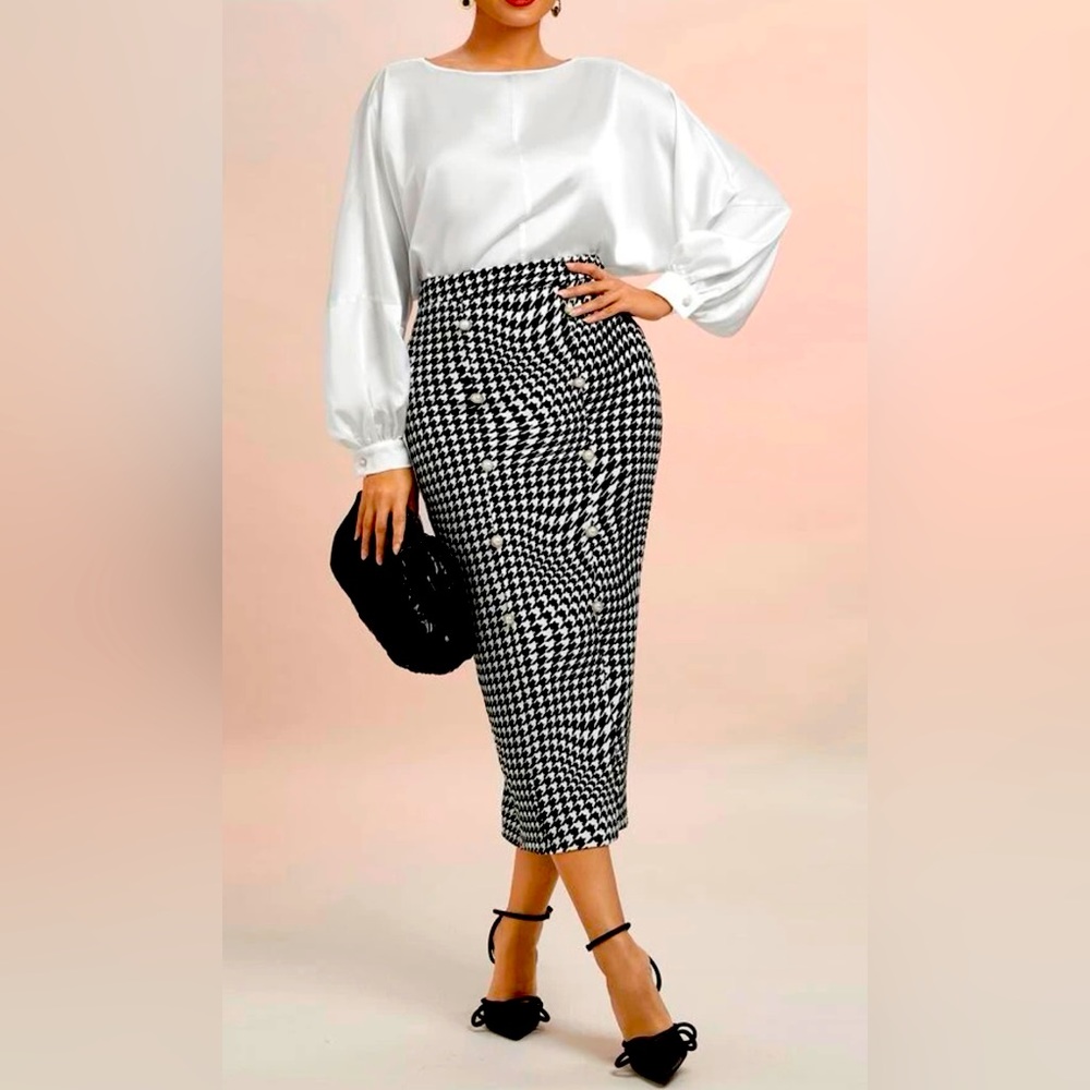 Batwing Sleeve Top & Houndstooth Print Skirt